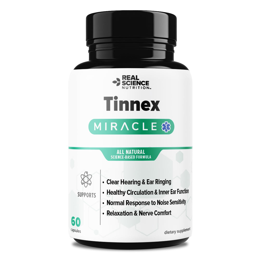 Real Science Nutrition Tinnex Miracle bottle shown for daily ear health support.