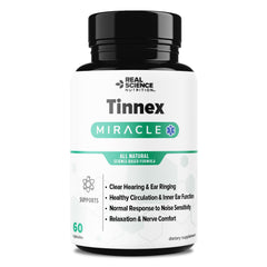Real Science Nutrition Tinnex Miracle bottle shown for daily ear health support.