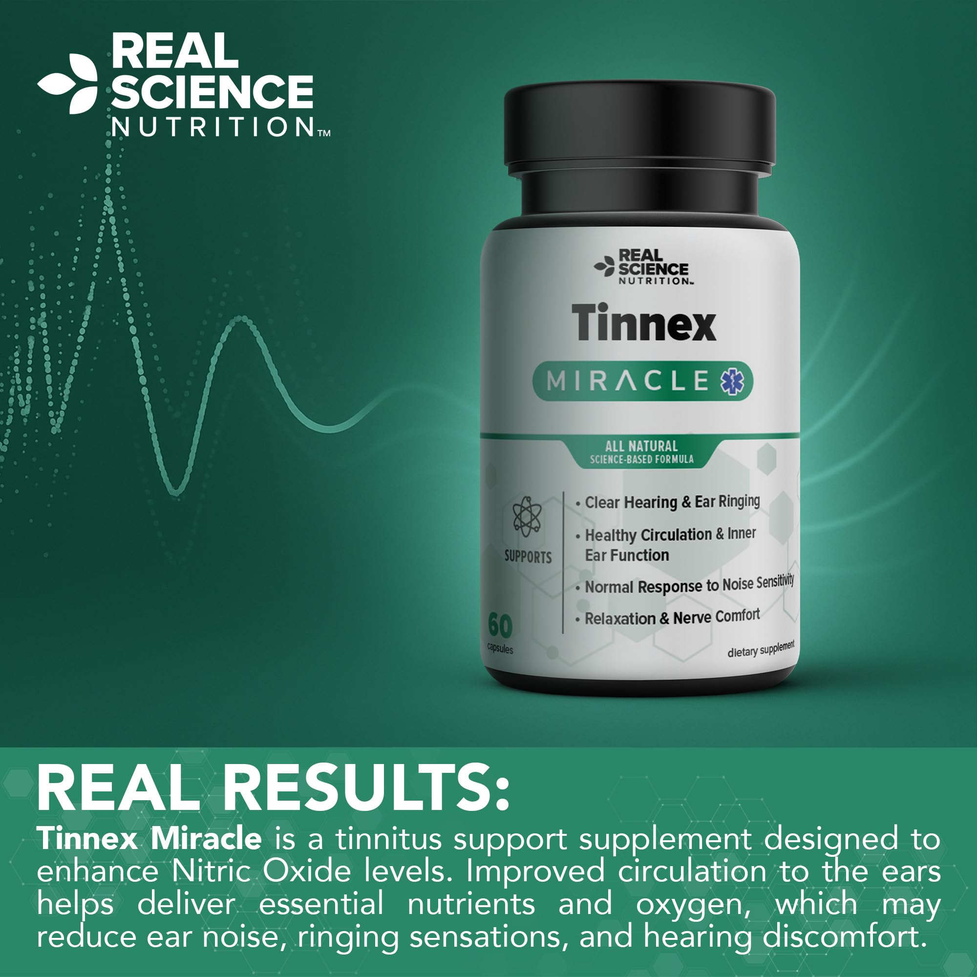 Real Science Nutrition Tinnex Miracle non-GMO badge signals clean nutrition.