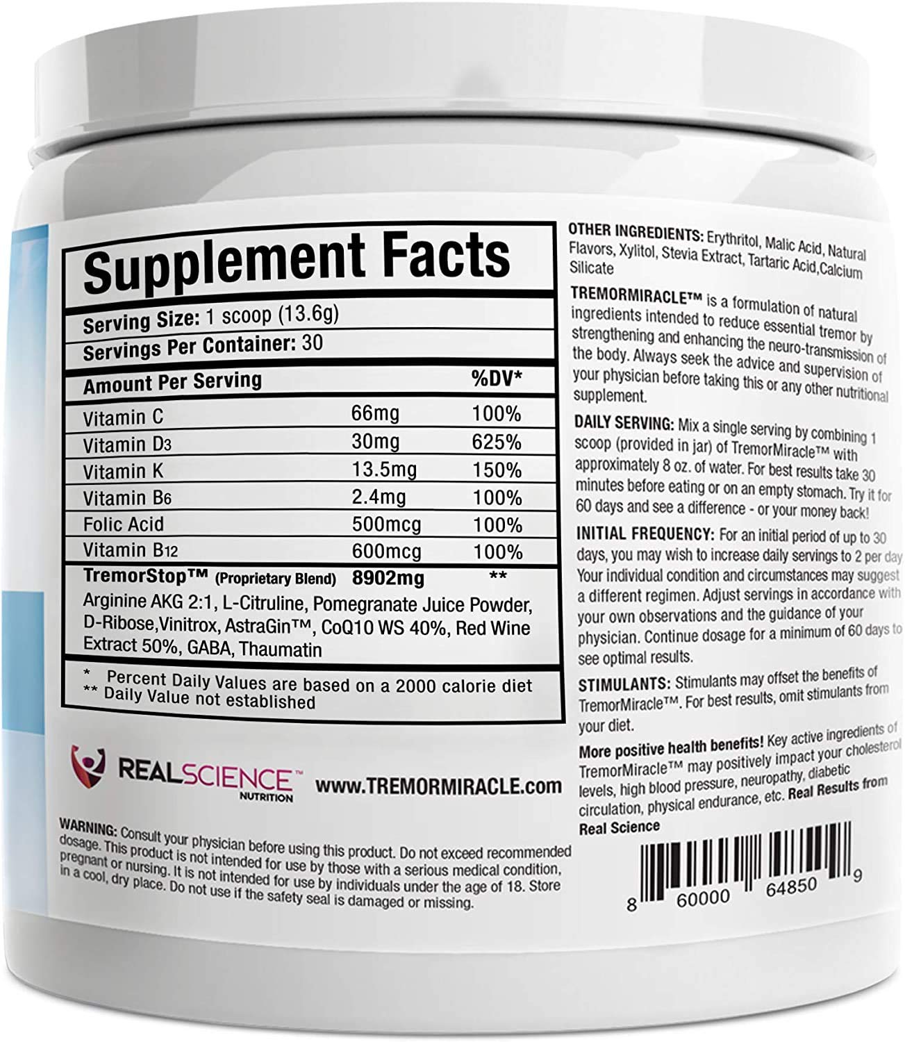 Real Science Nutrition Tremor Miracle serving scoop enables precise daily portions.