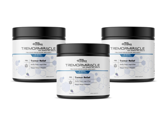 Real Science Nutrition Tremor Miracle tub front shows grape-flavored powder for daily use.