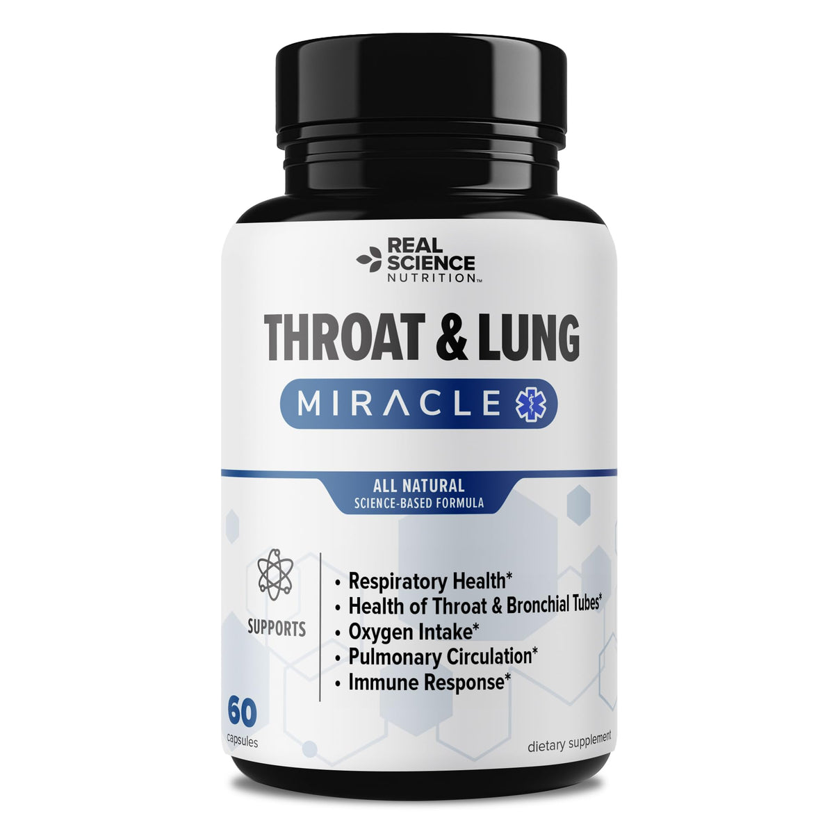 Real Science Throat & Lung Detox bottle showing a simple two-capsule daily routine for breathing support.