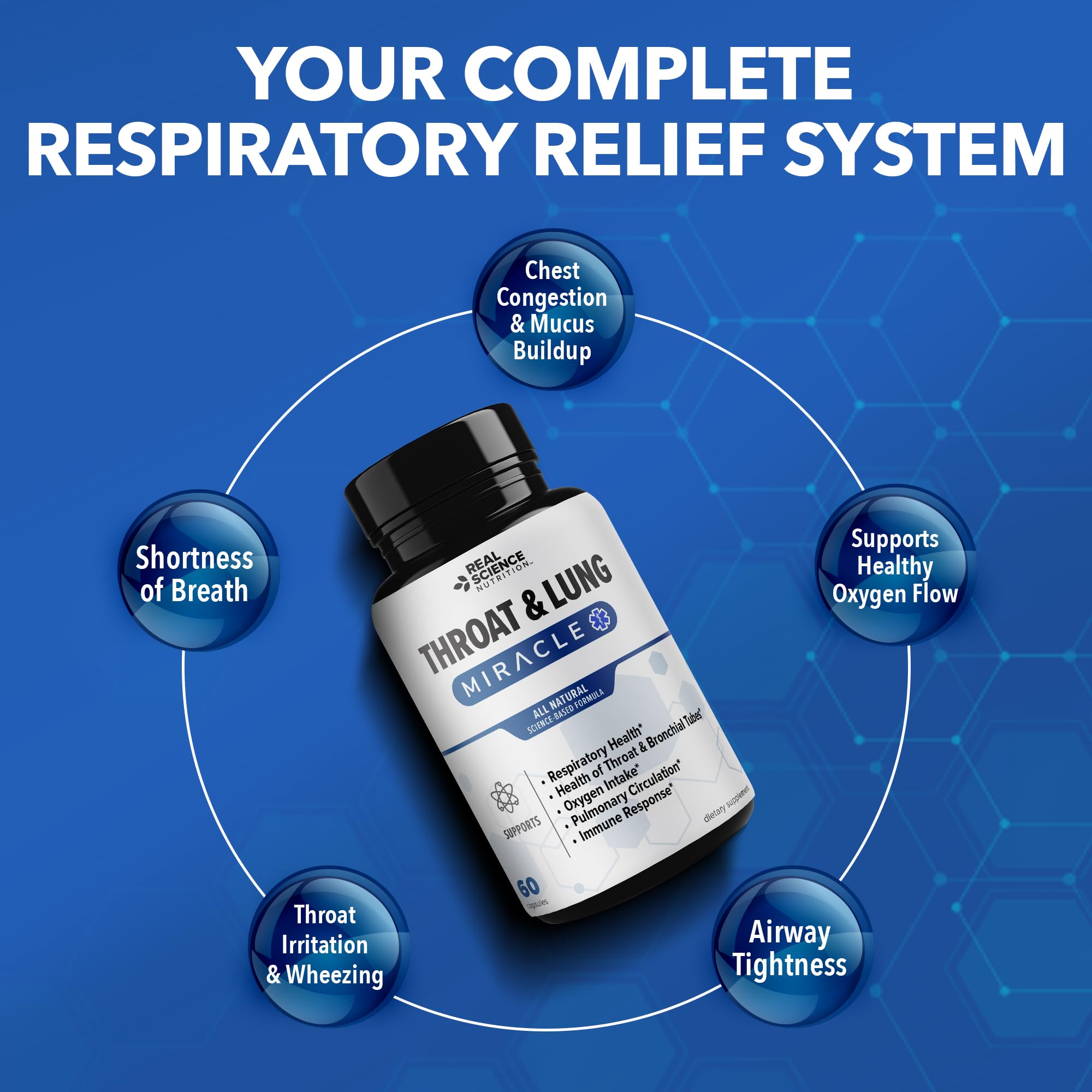 Label of Real Science Throat & Lung Detox with clear ingredients for transparent quality.