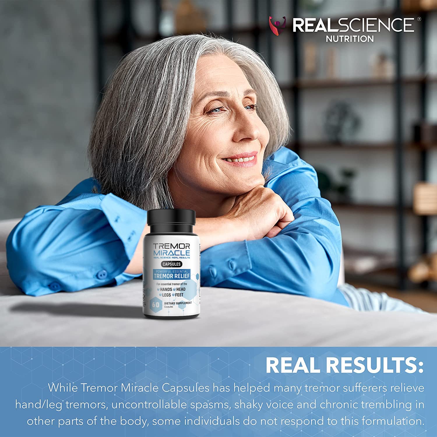 Nightstand scene shows Tremor Miracle bottle for easy bedside access.