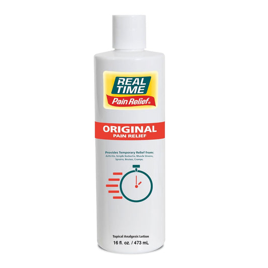 Real Time Pain Relief 16oz bottle showing cooling menthol relief for joints.