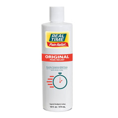 Real Time Pain Relief 16oz bottle showing cooling menthol relief for joints.