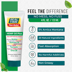 Real Time Pain Relief Hemp Oil Plus bottle back showing ingredients and directions
