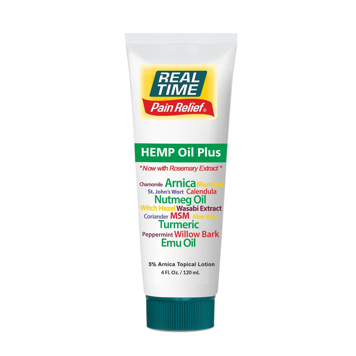 Real Time Pain Relief Hemp Oil Plus bottle front with clear label, ready for daily use