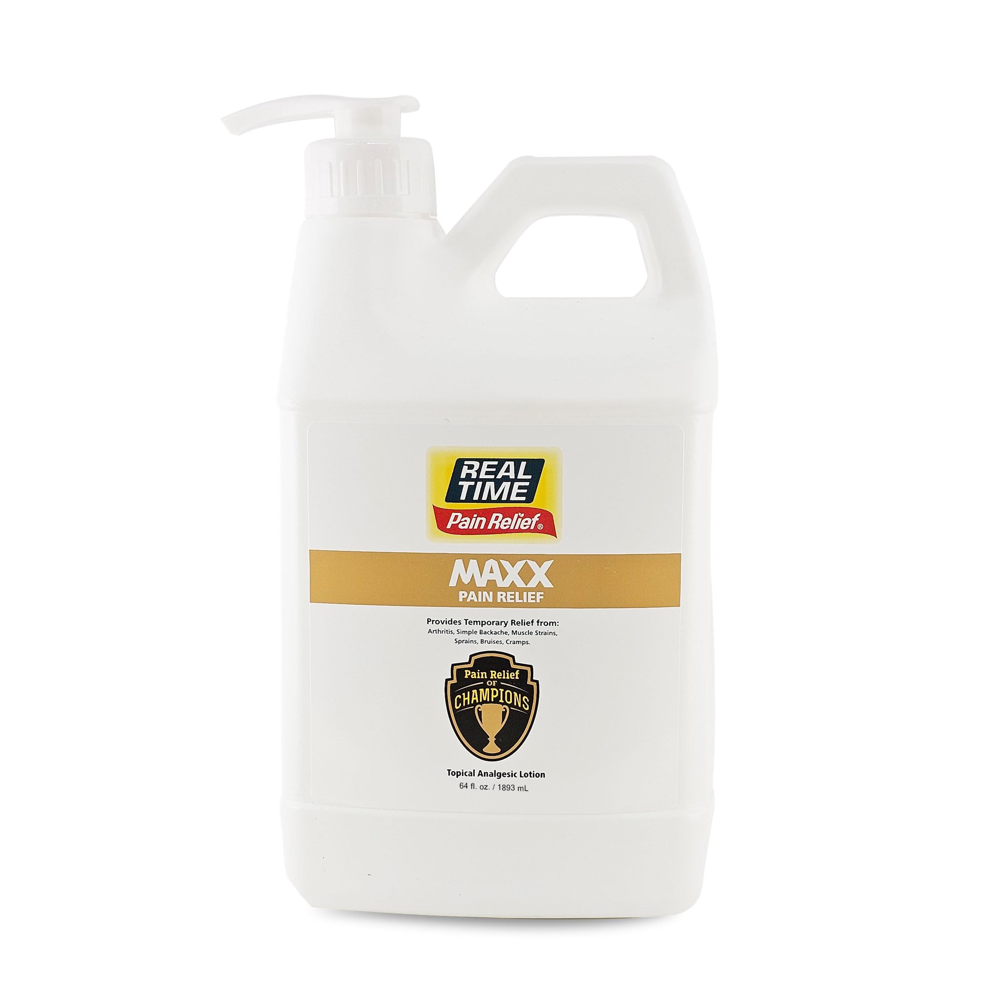Real Time Pain Relief MAXX 64oz bottle shown for fast muscle and joint discomfort relief.
