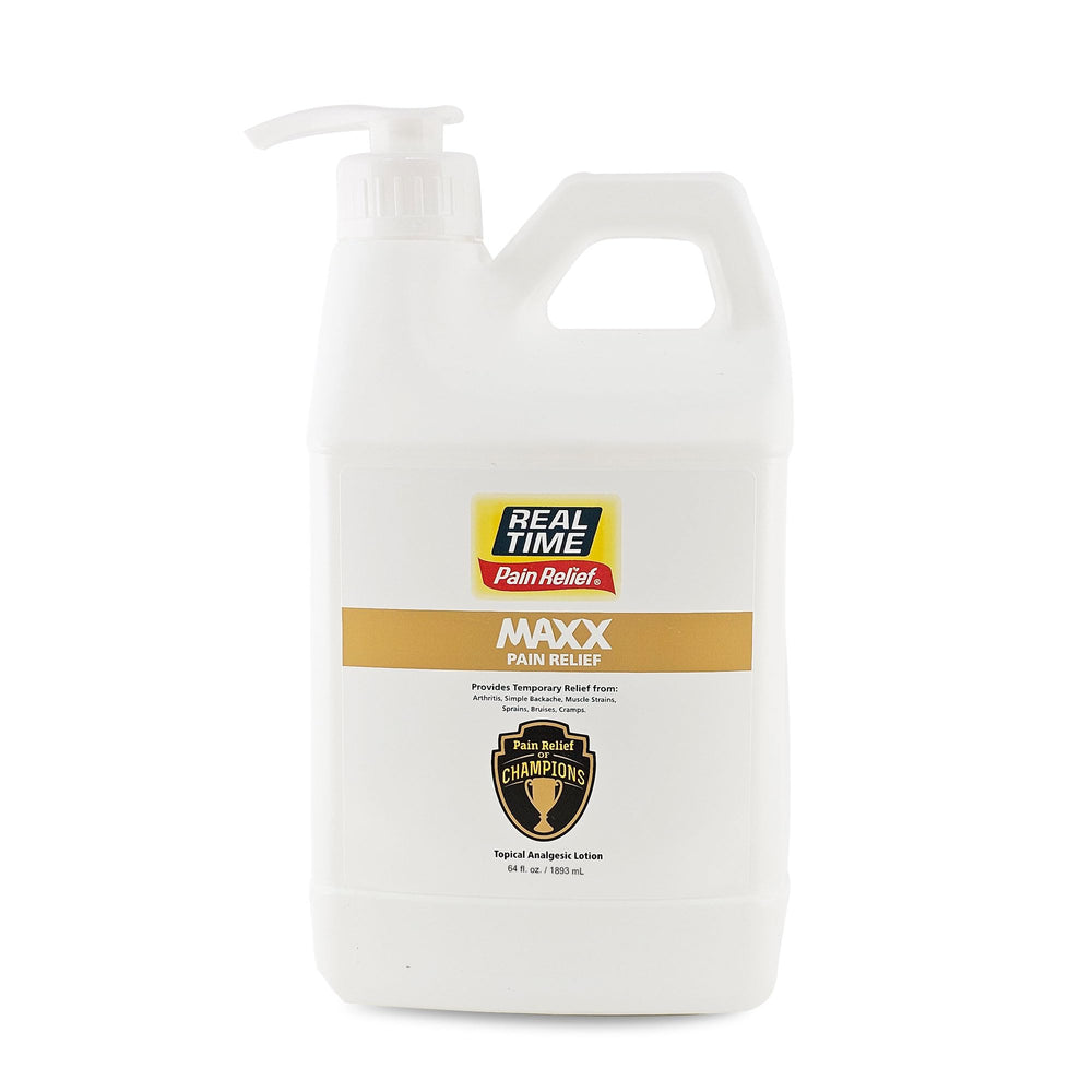 Real Time Pain Relief MAXX 64oz bottle shown for fast muscle and joint discomfort relief.