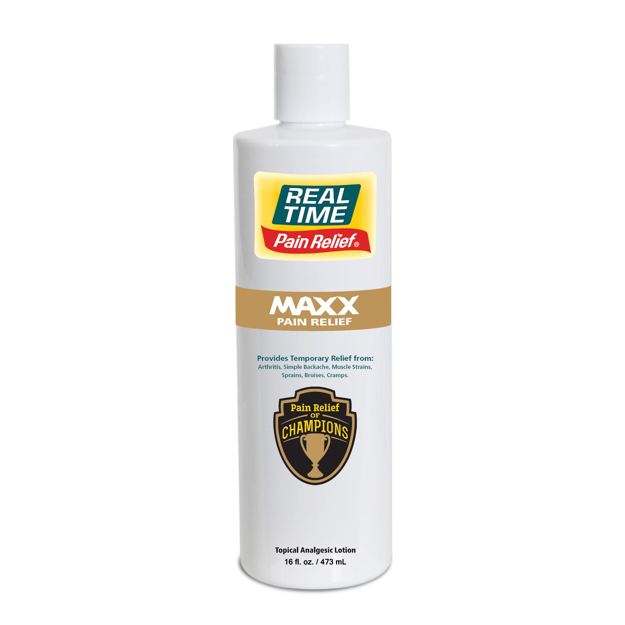 Real Time Pain Relief MAXX bottle pour shows fast-acting relief for muscle and joint pain
