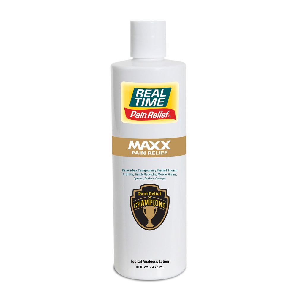 Real Time Pain Relief MAXX bottle pour shows fast-acting relief for muscle and joint pain