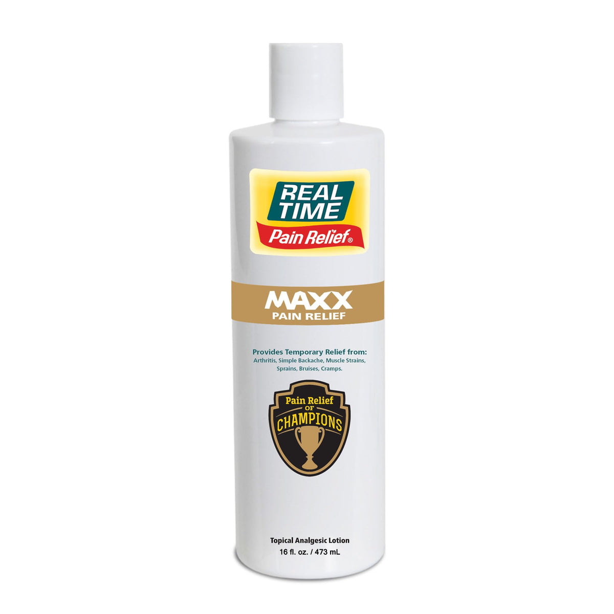 Real Time Pain Relief MAXX bottle pour shows fast-acting relief for muscle and joint pain