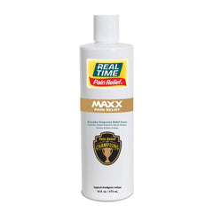 Real Time Pain Relief MAXX bottle pour shows fast-acting relief for muscle and joint pain