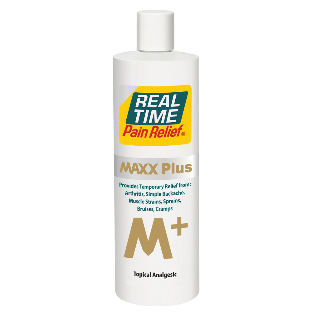Real Time Pain Relief MAXX Plus bottle on counter for quick, non-greasy relief.