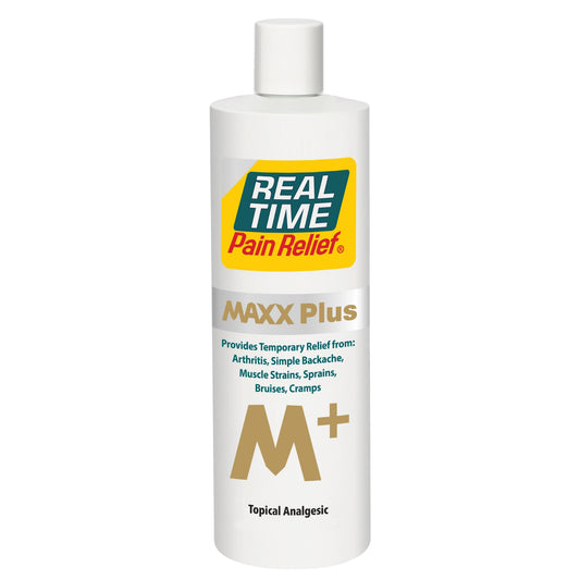 Real Time Pain Relief MAXX Plus bottle on counter for quick, non-greasy relief.