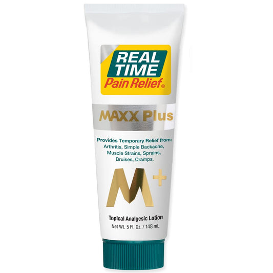 Real Time Pain Relief MAXX Plus bottle—portable relief for muscle and joint discomfort.