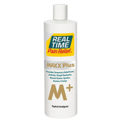 Real Time Pain Relief MAXX Plus bottle on counter for quick, non-greasy relief.
