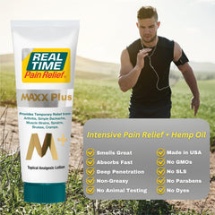 Real Time Pain Relief MAXX Plus menthol-rich gel with cooling effect for comfort.