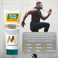 Real Time Pain Relief MAXX Plus tube applied on shoulder for quick topical relief.
