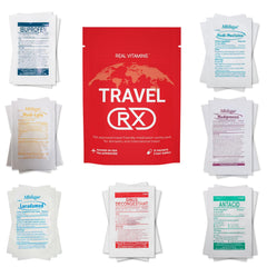 Real Vitamins Travel RX kit front showing compact TSA-friendly packaging for travel.