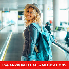 Real Vitamins Travel RX kits in purse scene illustrate everyday travel convenience.