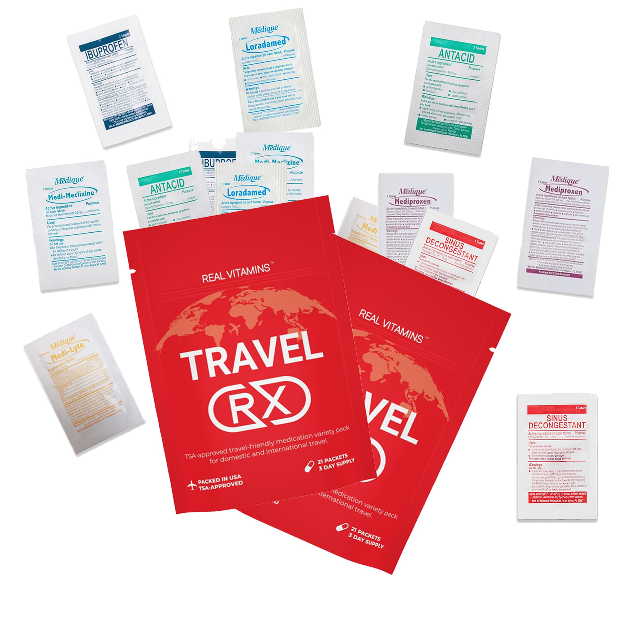Real Vitamins Travel RX packs inside show seven essential medications for travel-ready care.