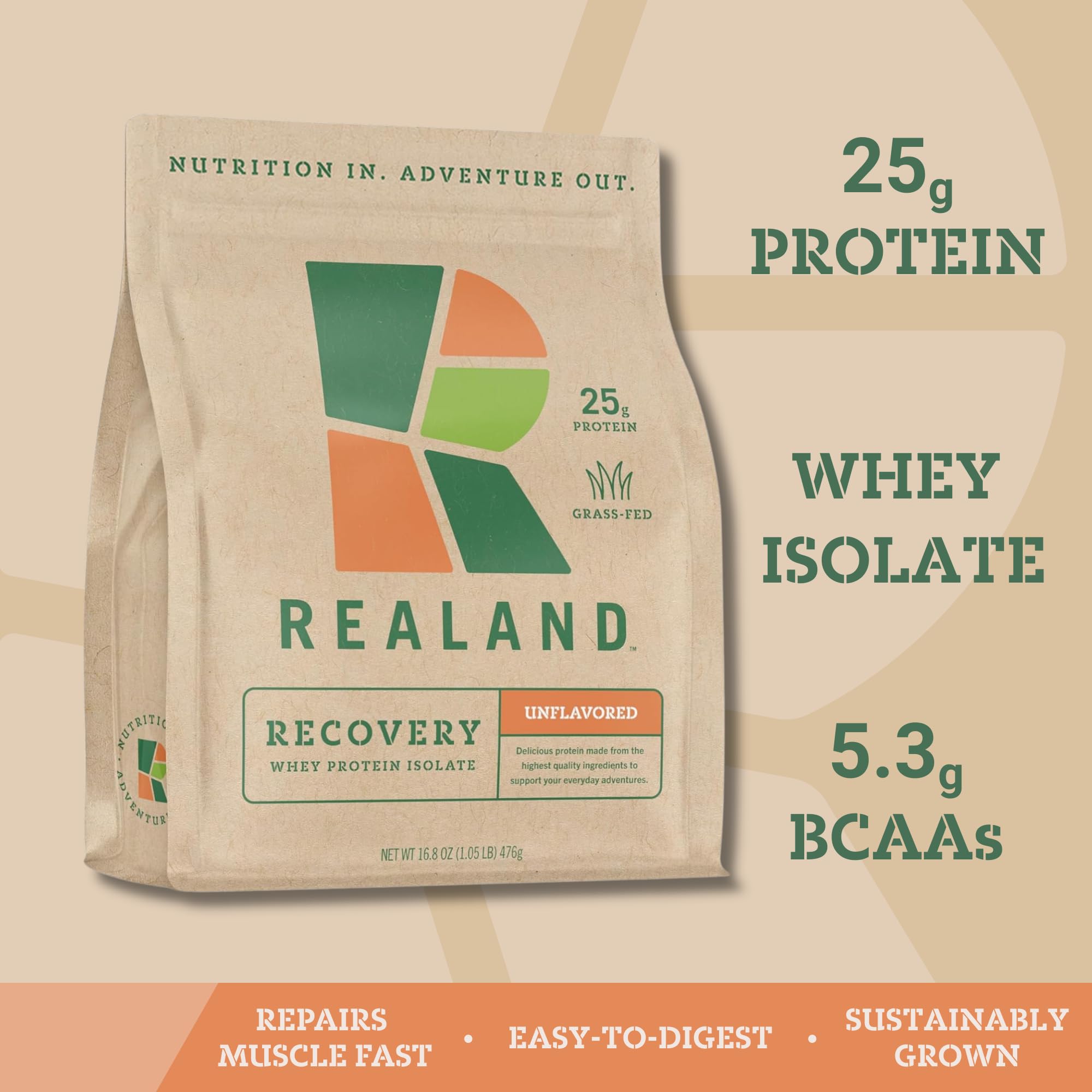 Realand Recovery protein bottle highlighting grass-fed whey origin and purity