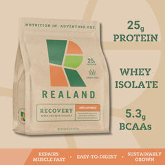 Realand Recovery protein bottle highlighting grass-fed whey origin and purity