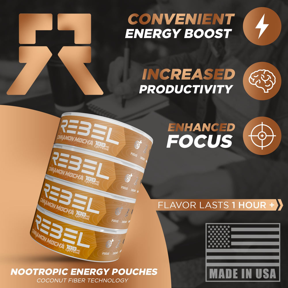 Pack of four Rebel Nootropic Energy Cinnamon Mocha cans for convenient energy