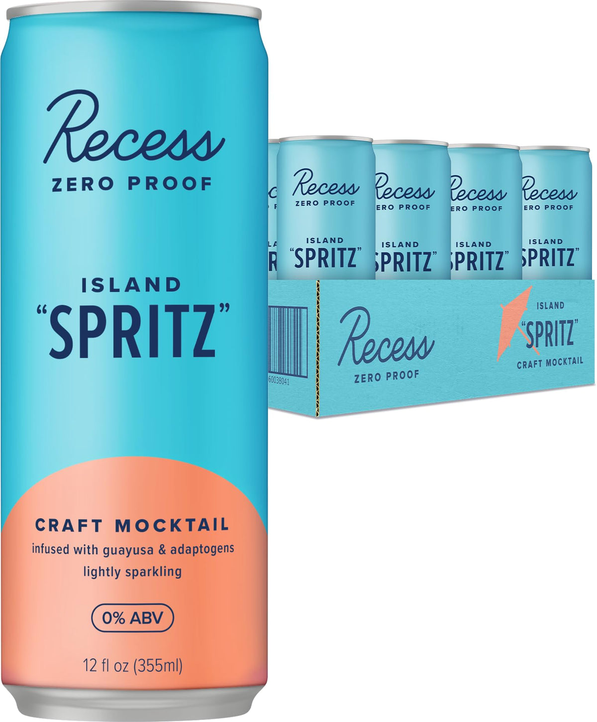 Recess Island Spritz bottle on a bar, showcasing a tropical, alcohol-free option.