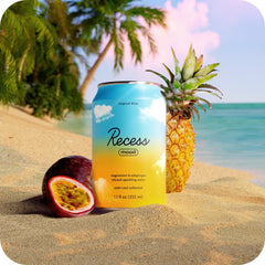 Close-up of real pineapple and passion fruit juice ingredients in Recess Mood.
