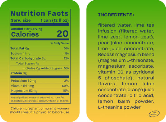 Recess Mood Lime Citrus label close-up showing functional ingredients and lime flavor.