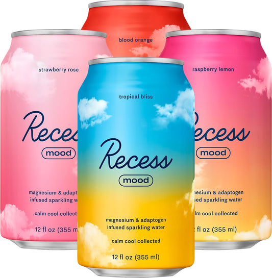 Recess Mood magnesium adaptogen can front, a relaxing sparkling water to unwind after a long day