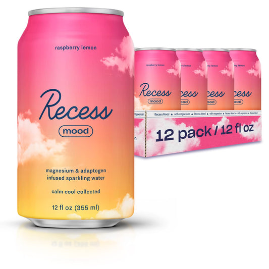 Recess Mood magnesium drink bottle showing raspberry lemon flavor for unwinding