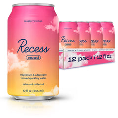 Recess Mood magnesium drink bottle showing raspberry lemon flavor for unwinding
