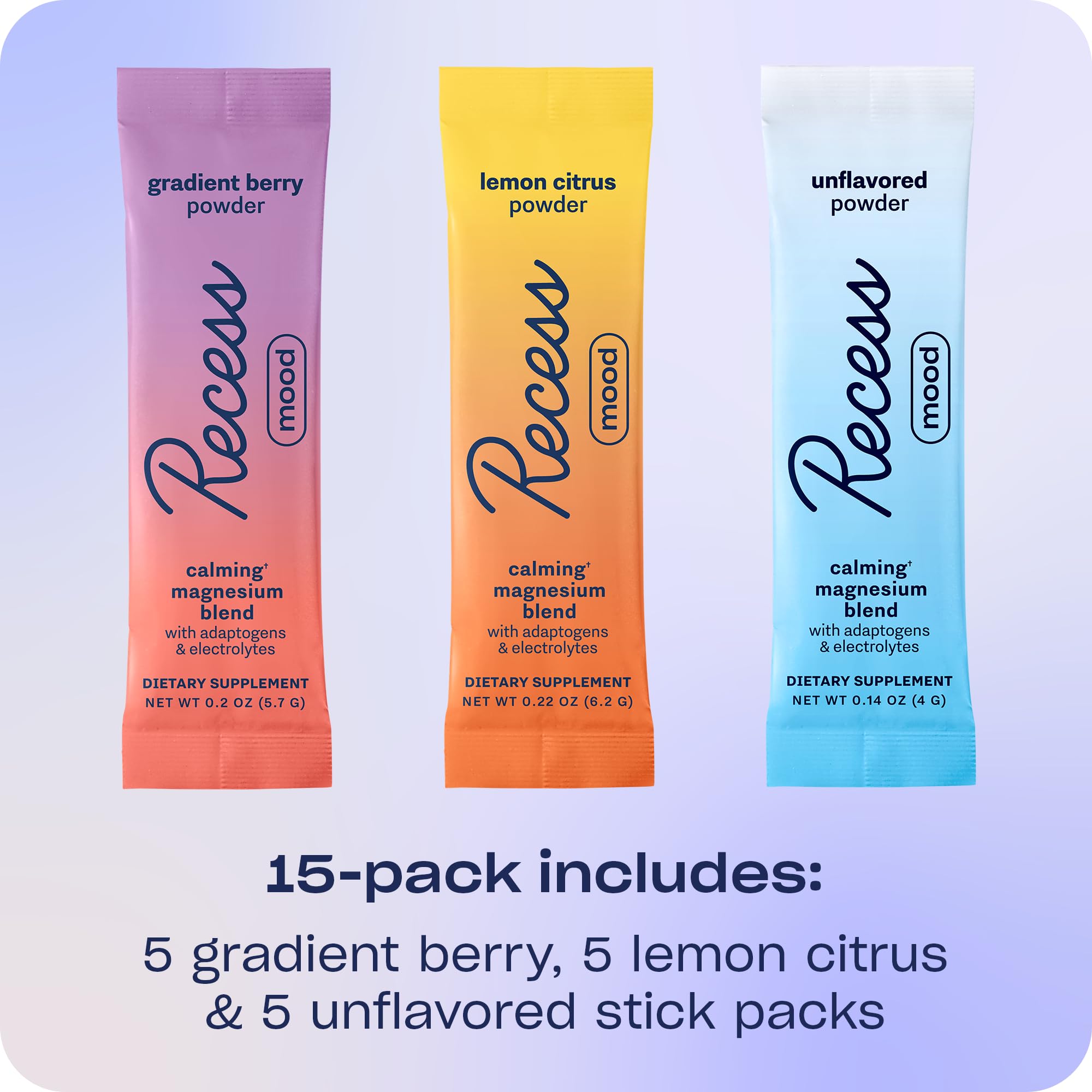 Recess Mood Powder sampler box back showing flavor labels for quick choice.