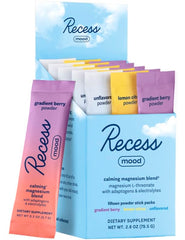 Recess Mood Powder sampler box front with on-the-go calm sticks.