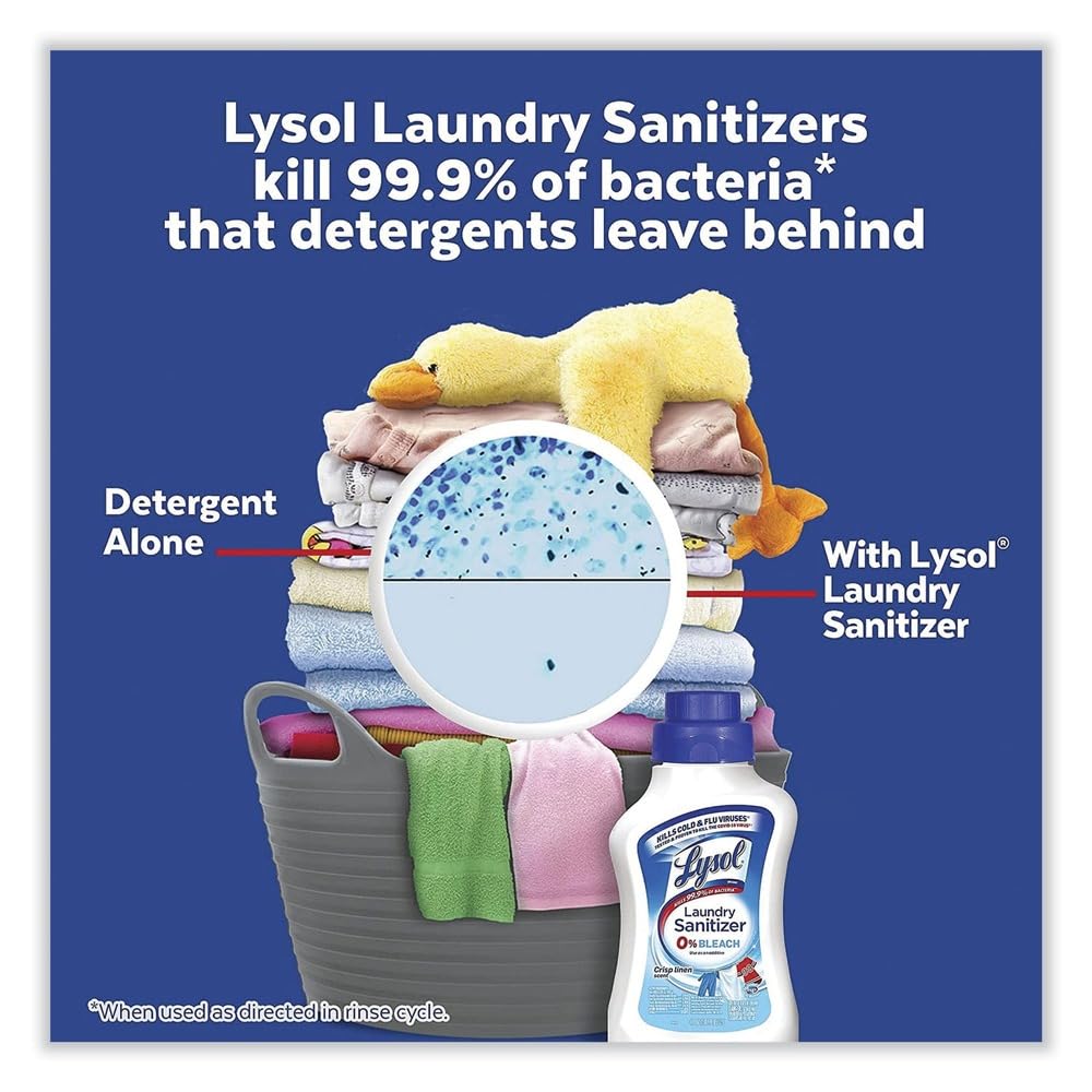 Lysol laundry sanitizer close-up highlights bleach-free formula.
