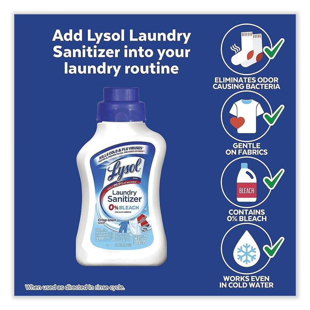 Lysol sanitizer with towels and bedding for fresh laundry.