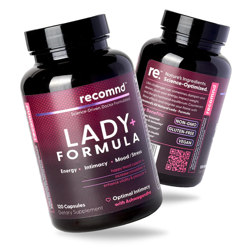 recomnd Lady+ Formula bottle front showing packaging for daily energy and balance