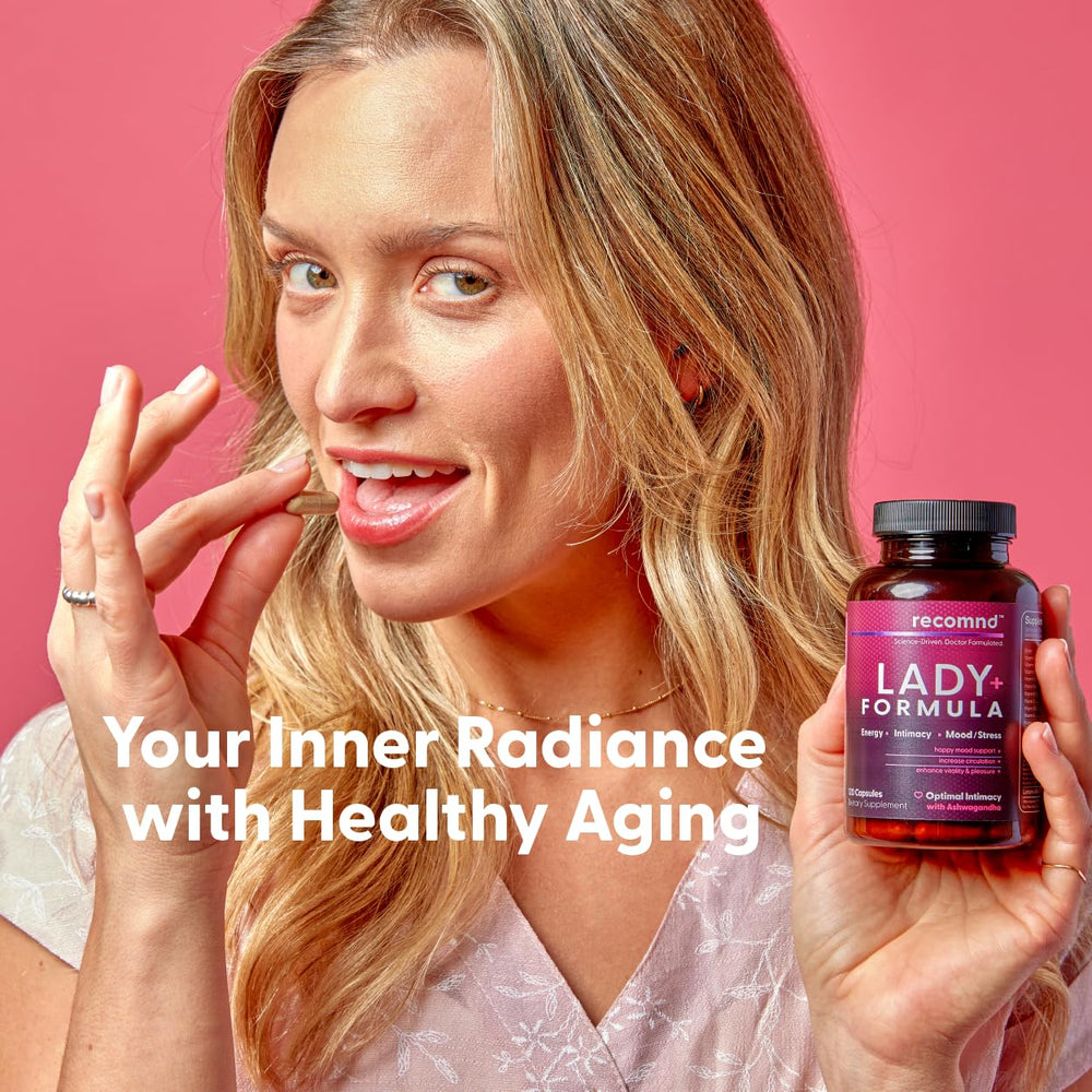 closeup of recomnd Lady+ Formula capsules for easy daily use