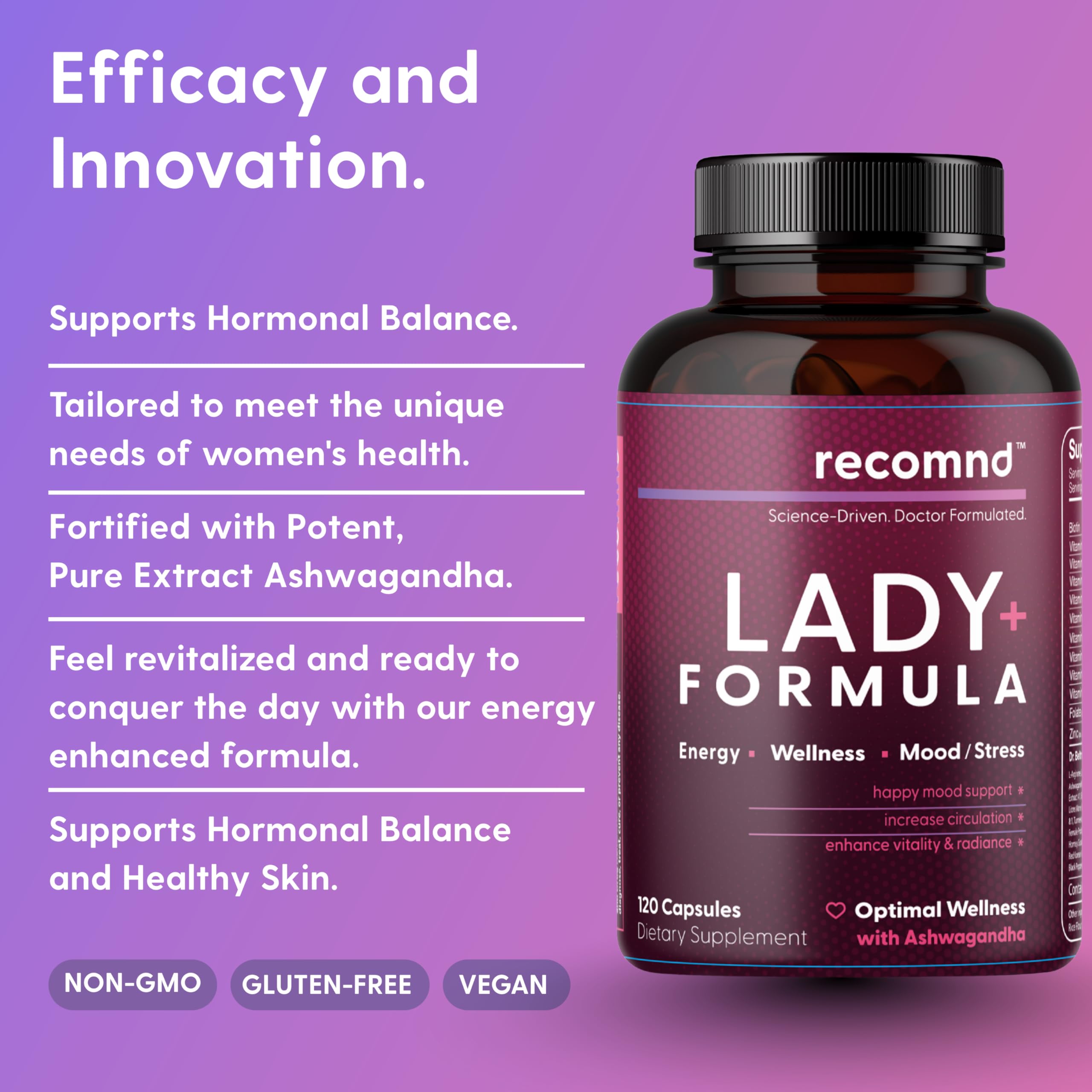 recomnd Lady+ Formula label highlights Ashwagandha and Lion's Mane ingredients
