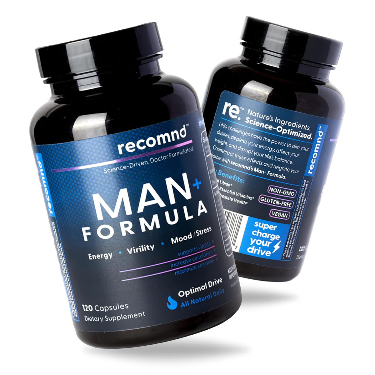 recomnd Man+ bottle showing energy and daily performance support