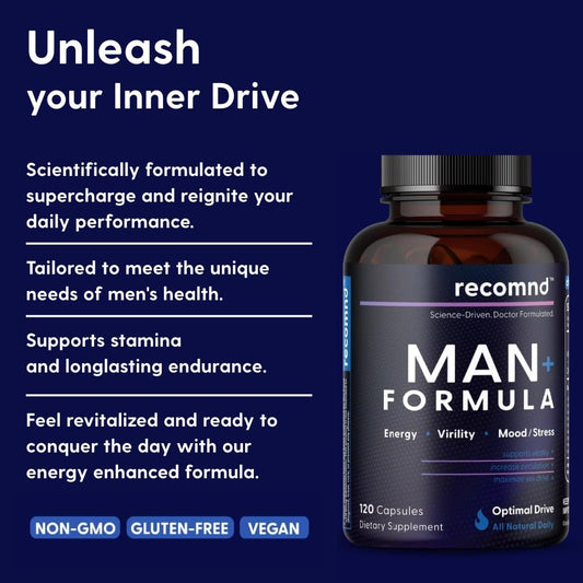 recomnd Man+ capsules visible with label signaling natural vitality