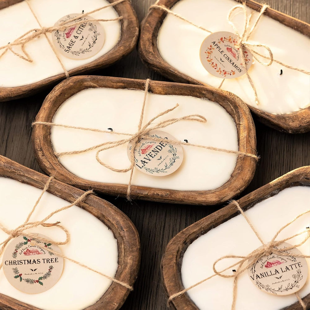 Red Barn Wood Dough Bowl Candle close-up with natural soy wax and clean burn.