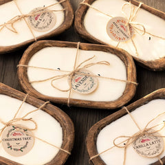 Red Barn Wood Dough Bowl Candle close-up with natural soy wax and clean burn.