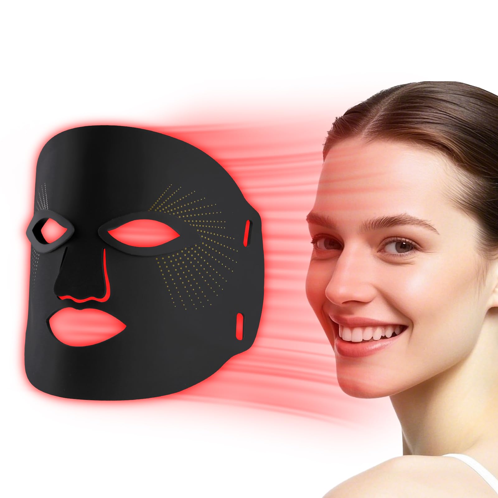 Red Mitochondria red-light therapy mask worn on face for at-home skin care.