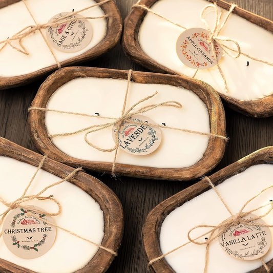 Red Barn Wood Dough Bowl Maple Pecan Waffle candle in a reusable bowl with clean, inviting aroma.