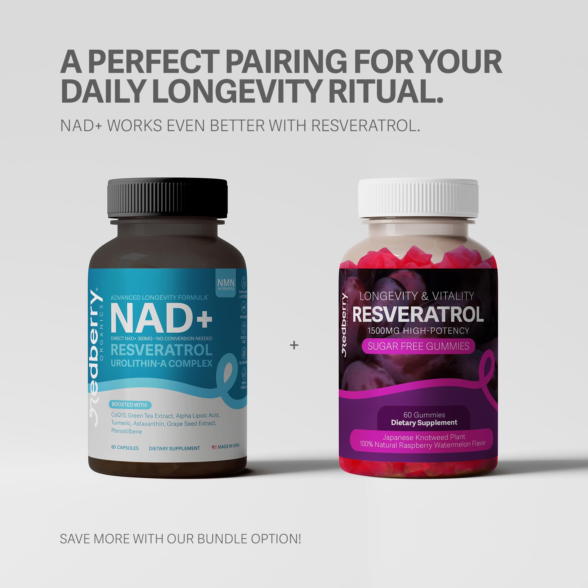 Redberry NAD+ 60-capsule package shows compact daily wellness system